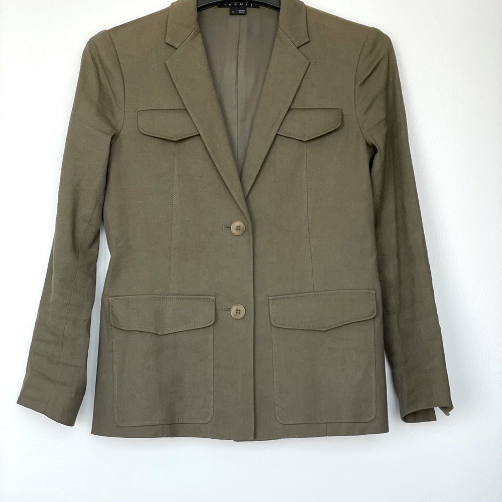 Theory cropped sleeves green military jacket size 4